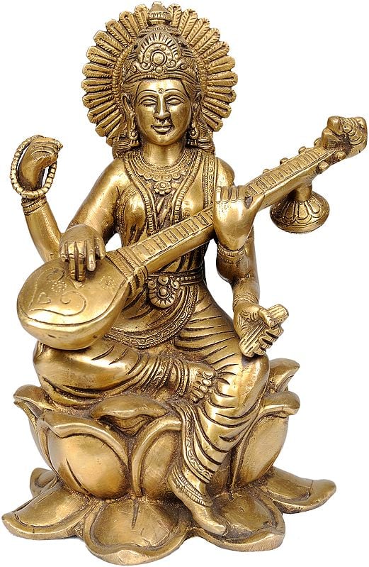 9" Devi Saraswati In Brass | Handmade | Made In India