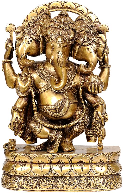 12" Three Headed Ganesha Brass Sculpture | Handmade Brass Statue