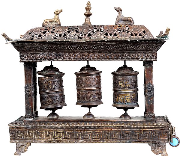Tibetan Buddhist Triple Prayer Wheels with Incense Holder and Burner