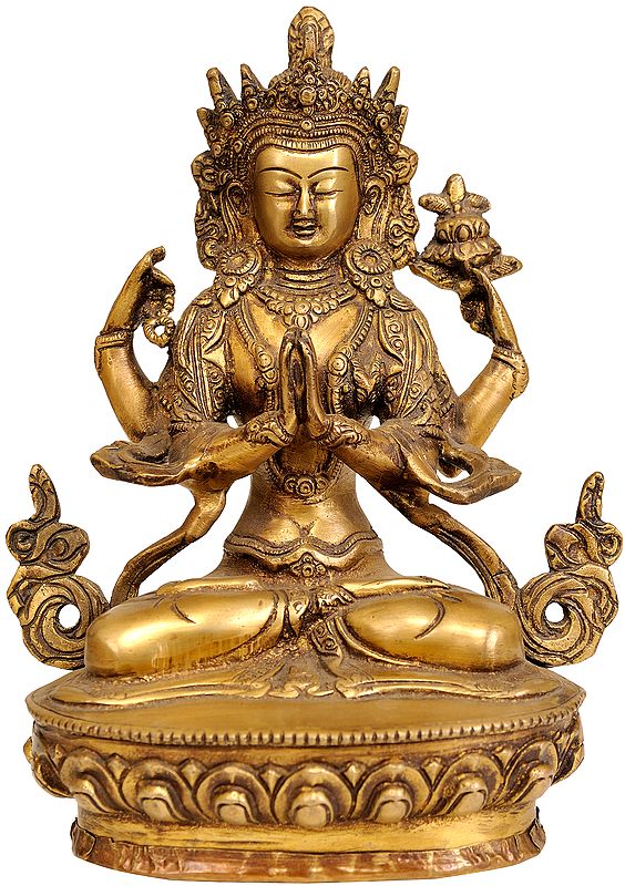 8" Tibetan Buddhist Deity Chenrezig (Shadakshari Lokeshvara) In Brass | Handmade | Made In India