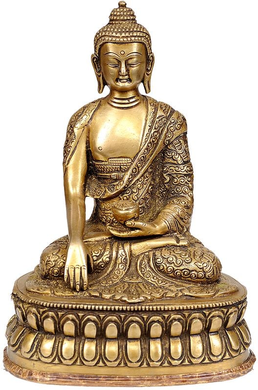 8" Lord Buddha with Finely Carved Robe and Dorje on the Base In Brass | Handmade | Made In India
