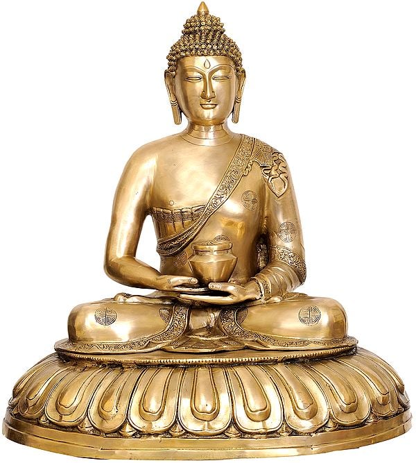 28" Large Size Lord Buddha with Pindapatra (Robes Decorated with Auspicious Symbols) In Brass | Handmade | Made In India