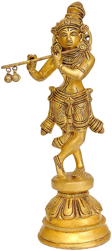 8" Flute-Playing Krishna Brass Statue | Handmade | Made in India