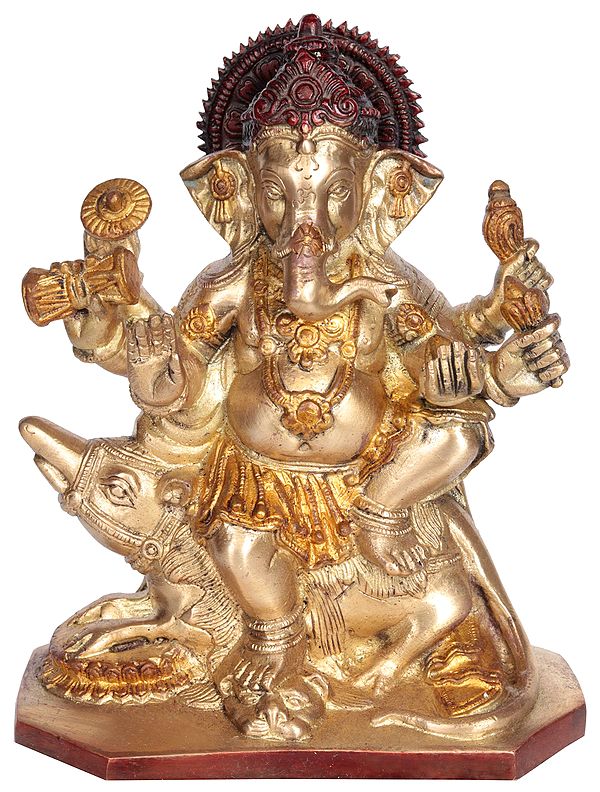 8" Six-Armed Ganesha Idol Seated on Rat with Leg on a Lion Head | Handmade Brass Statue | Made in India