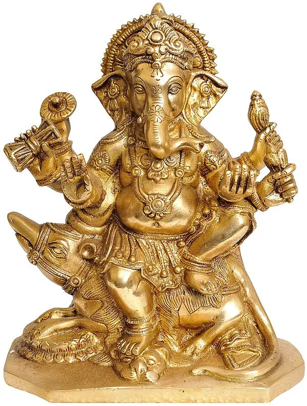8" Six-Armed Ganesha Seated on Rat with Leg on a Lion Head In Brass | Handmade | Made In India