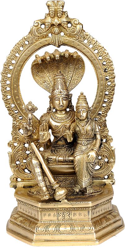 10" Bhagawan Vishnu Idol with Lakshmi Ji in Brass | Handmade Statue | Made in India