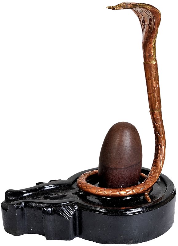 Shiva Linga of Narmada Valley with Black Stone Base and Five-Hooded Copper Snake Crowning It