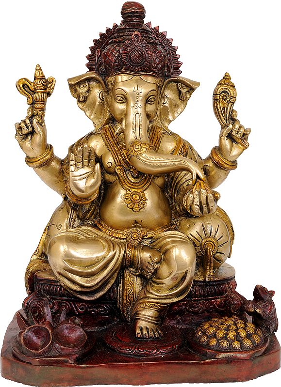 12" Four Armed Seated Ganesha In Brass | Handmade | Made In India