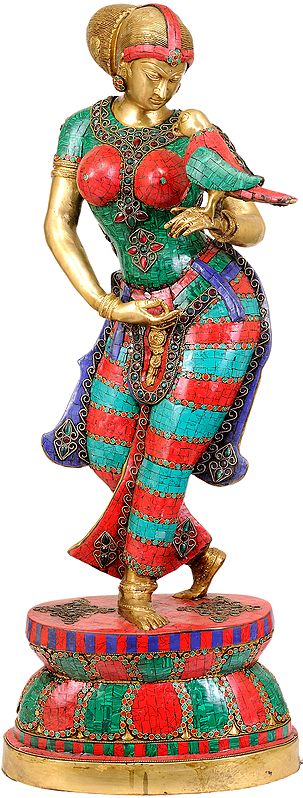 35" Lady with Parrot In Brass | Handmade | Made In India