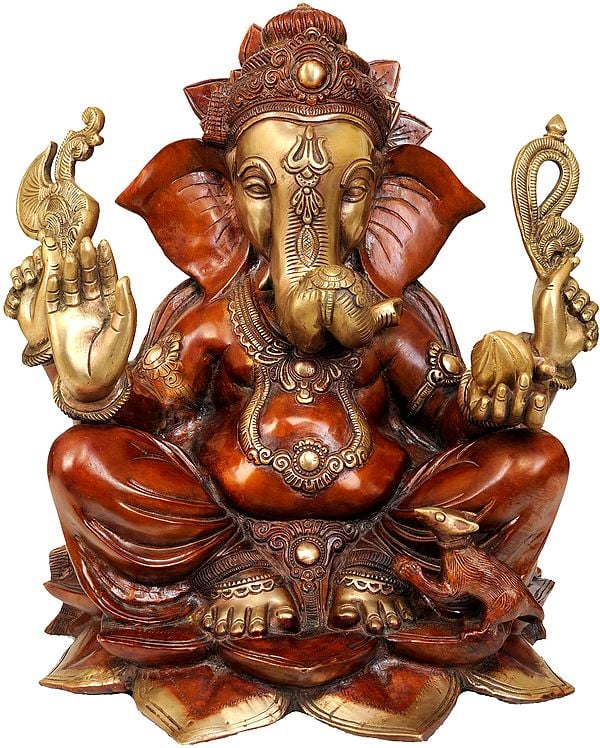 15" Lord Ganesha Seated on Lotus In Brass | Handmade | Made In India
