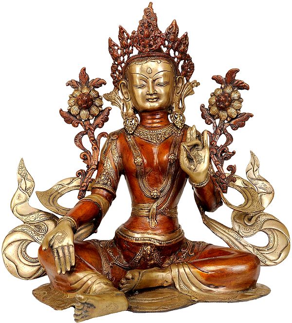 19" Tibetan Buddhist Saviour Goddess Green Tara In Brass | Handmade | Made In India