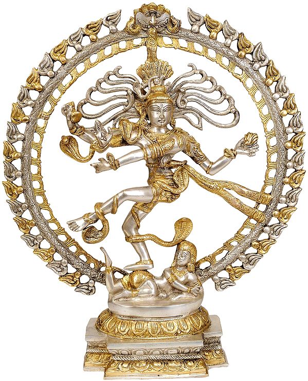 20" Nataraja Idol in Golden and Silver Hues | Handmade Brass Statue | Made in India