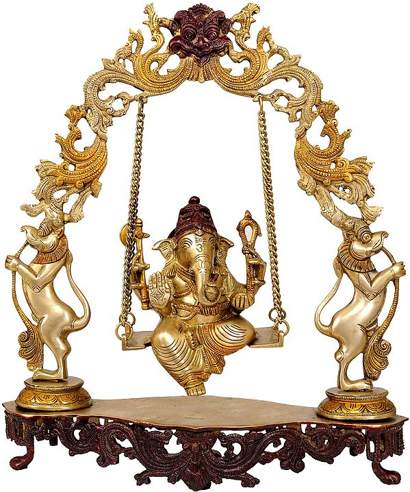 18" Lord Ganesha on a Swing with Kirtimukha Atop In Brass | Handmade | Made In India
