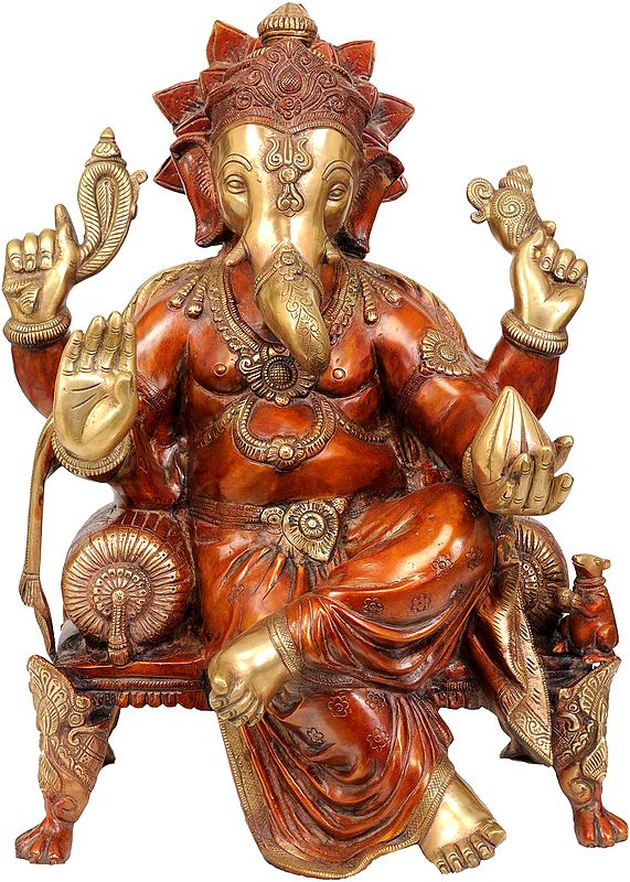 20" Enthroned Ganesha In Brass | Handmade | Made In India