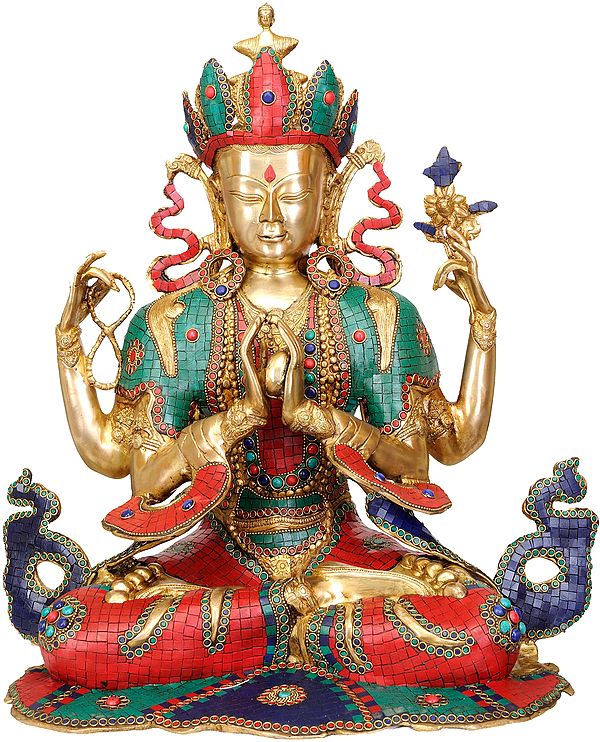 22" Tibetan Buddhist Deity- Chenrezig (Shadakshari Lokeshvara) Inlay Statue In Brass | Handmade | Made In India