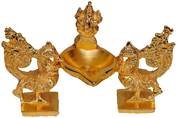 4" Lord Ganesha Lamp with Peacock Pair in Brass | Handmade | Made in India
