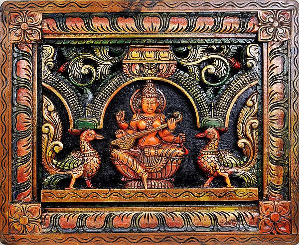 Devi Saraswati (Wall Hanging Carved in Relief)