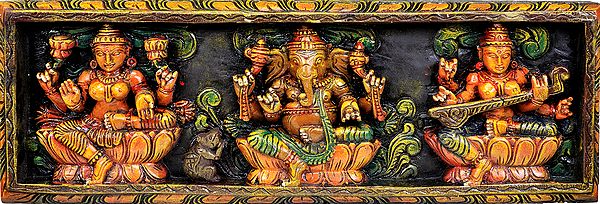 The Great Trinity - Lakshmi, Ganesha and Saraswati (Wall Hanging Panel)