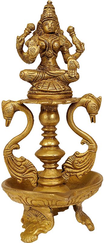 Wick-Lamp with Goddess Lakshmi and Peacock Pair