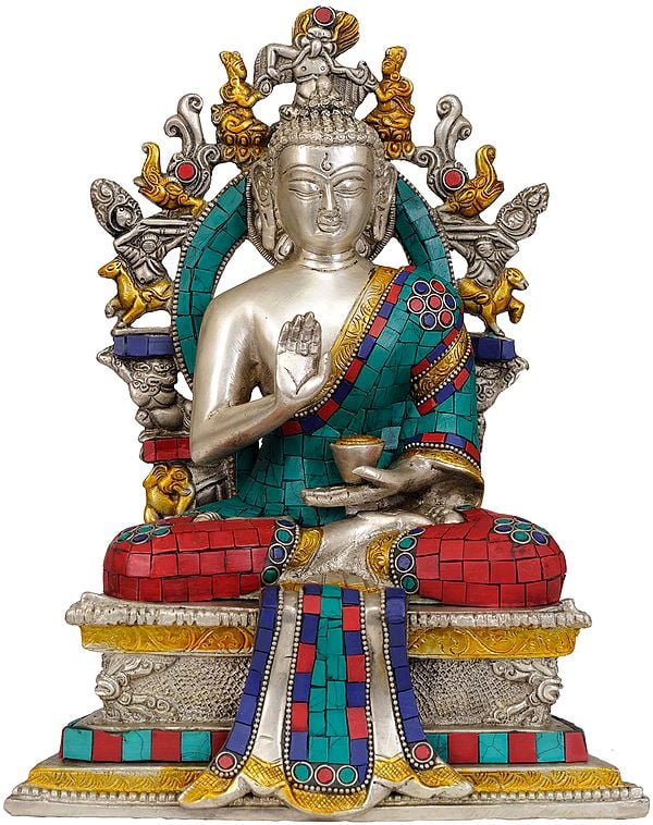 11" Lord Buddha Seated on Six-ornament Throne of Enlightenment In Brass | Handmade | Made In India