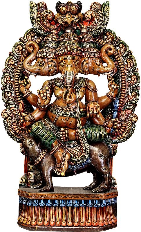 Large Size Tri-Mukha Ganesha Seated on Rat