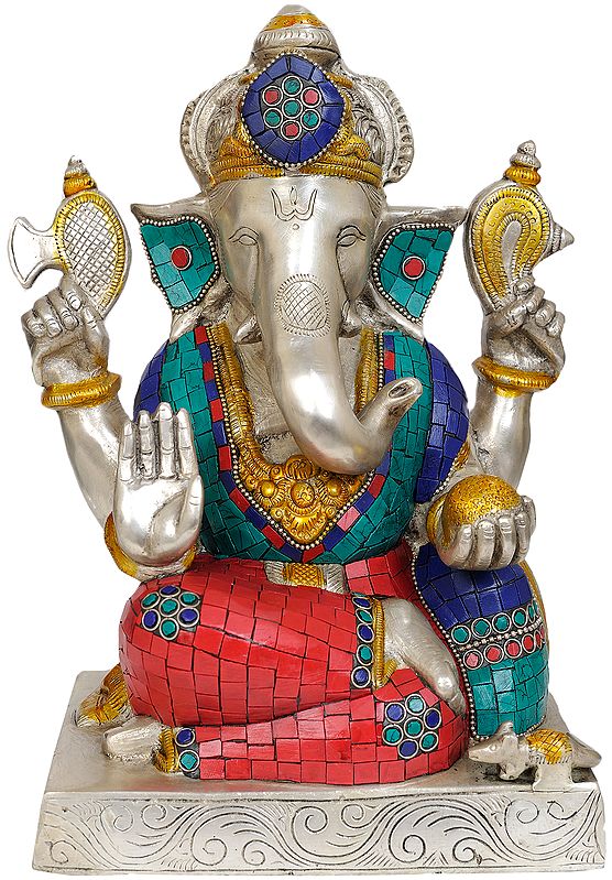 11" Four Armed Seated Ganesha In Brass | Handmade | Made In India