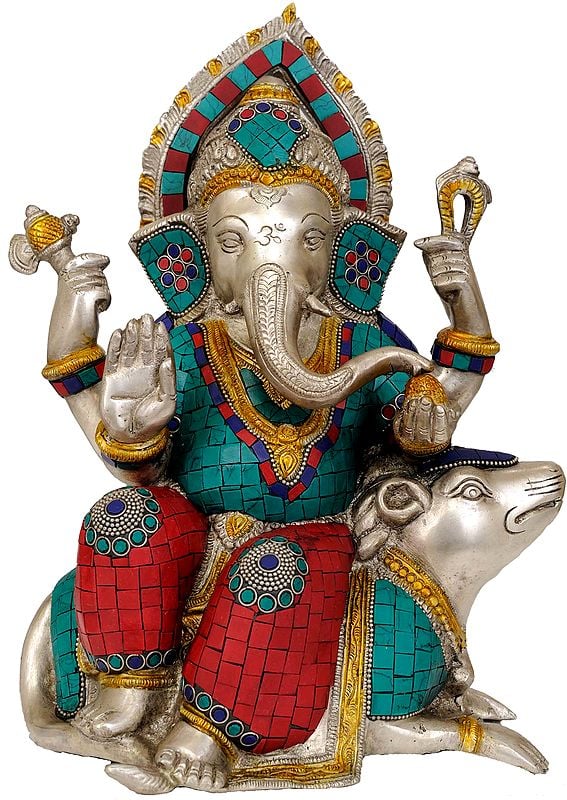 12" Lord Ganesha Seated on Musaka (Rat) In Brass | Handmade | Made In India