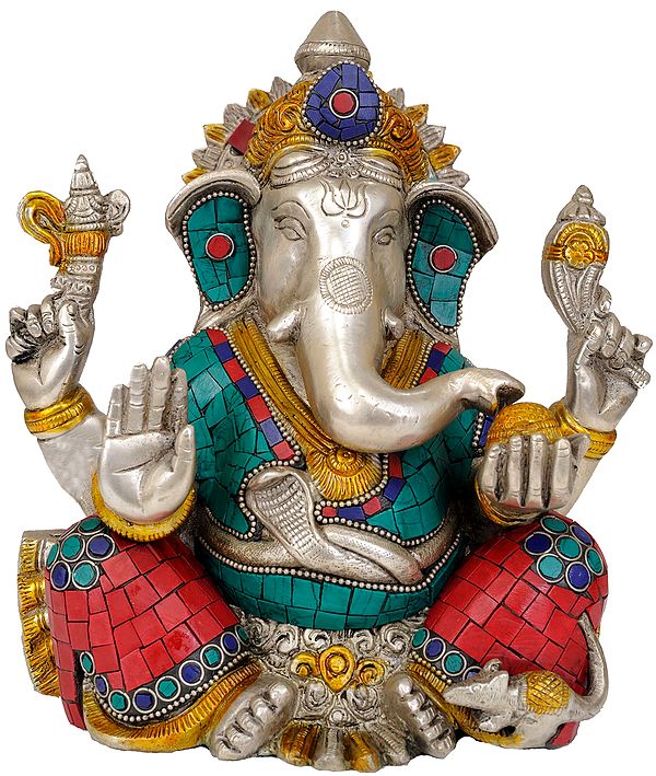 8" Brass Four-Armed Seated Ganesha Sculpture | Handmade | Made in India
