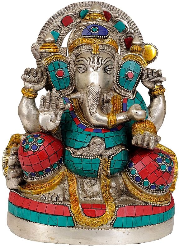 9" Four Armed Seated Ganesha with Trident Tilaka on His Forehead In Brass | Handmade | Made In India