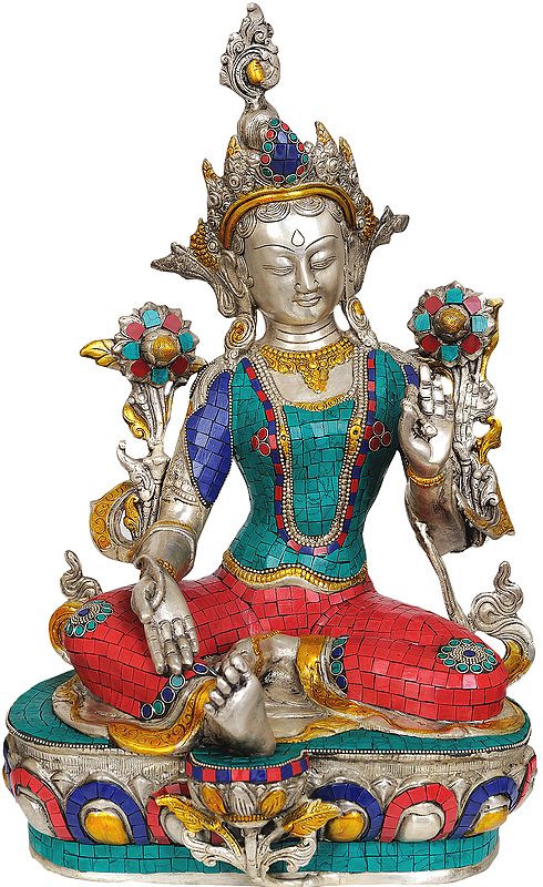 10" Tibetan Buddhist Saviour Goddess Green Tara In Brass | Handmade | Made In India