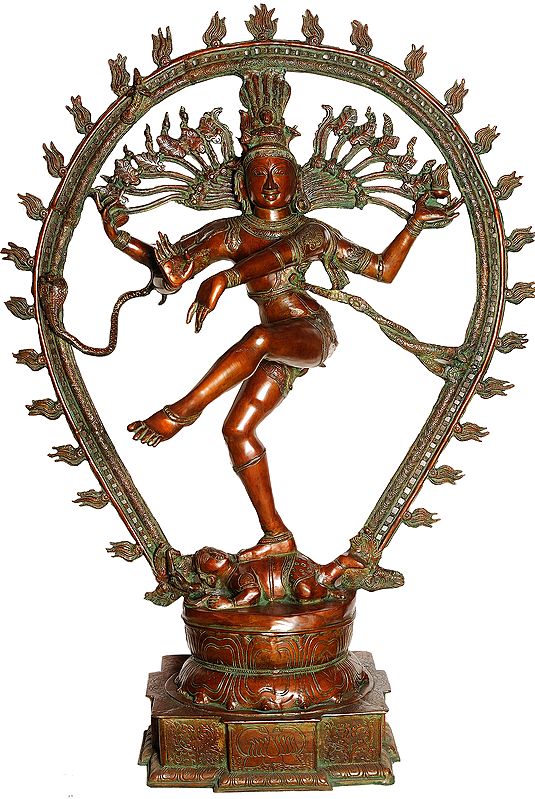 57" Large Size Nataraja (In Brown and Green Hues) In Brass | Handmade | Made In India