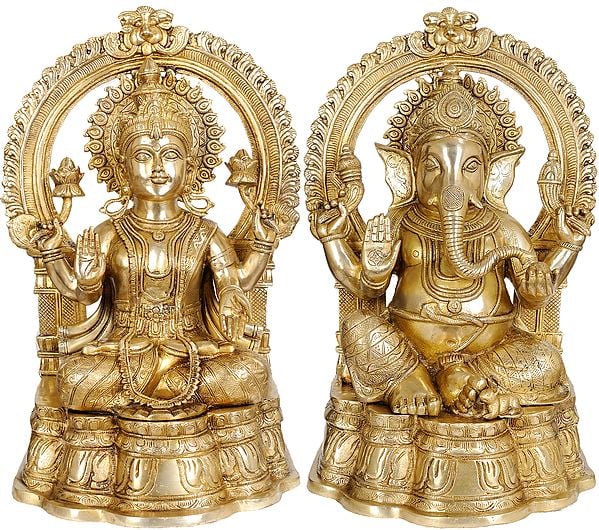 19" Large Size Lakshmi Ji Ganesha Ji In Brass | Handmade | Made In India