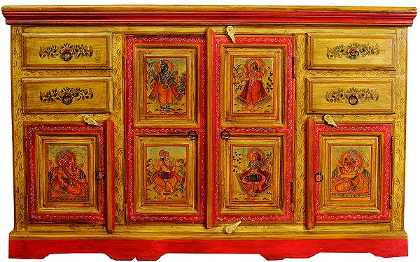 Large Size Cupboard and Drawers  Decorated with the Figures Shiva-Parvati, Ganesha with Musicians
