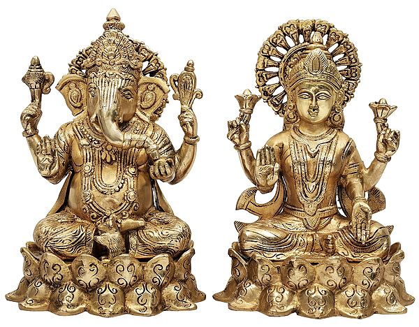 9" Lakshmi Ji Ganesha Ji In Brass | Handmade | Made In India