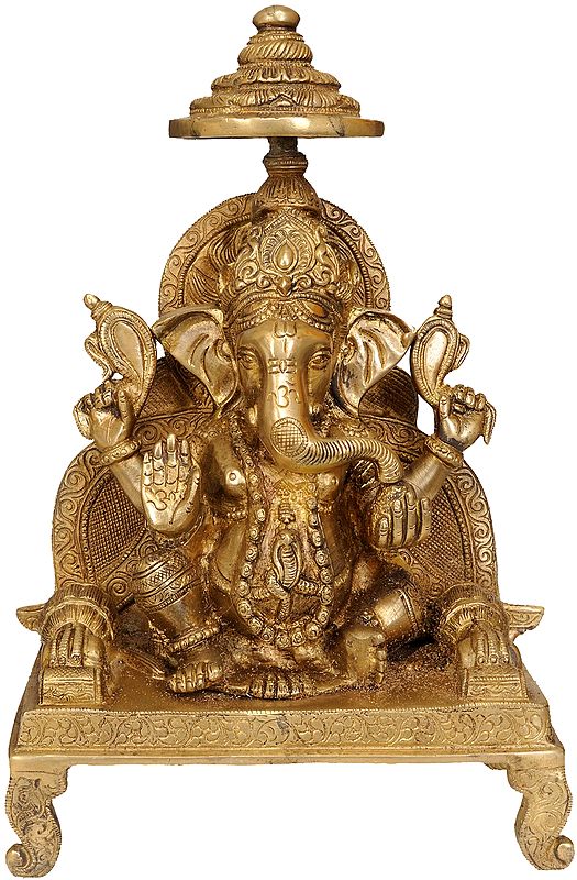 12” Enthroned Ganesha Sculpture in Brass | Handmade | Made in India