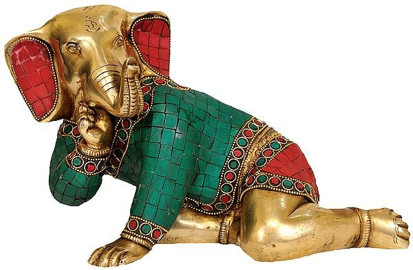 10" Crawling Ganesha In Brass | Handmade | Made In India
