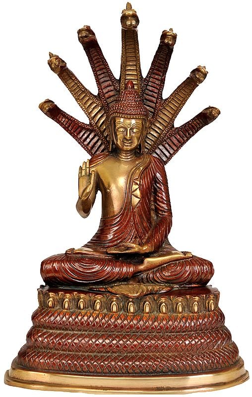 15" Buddha Under Serpent Muchalinda In Brass | Handmade | Made In India