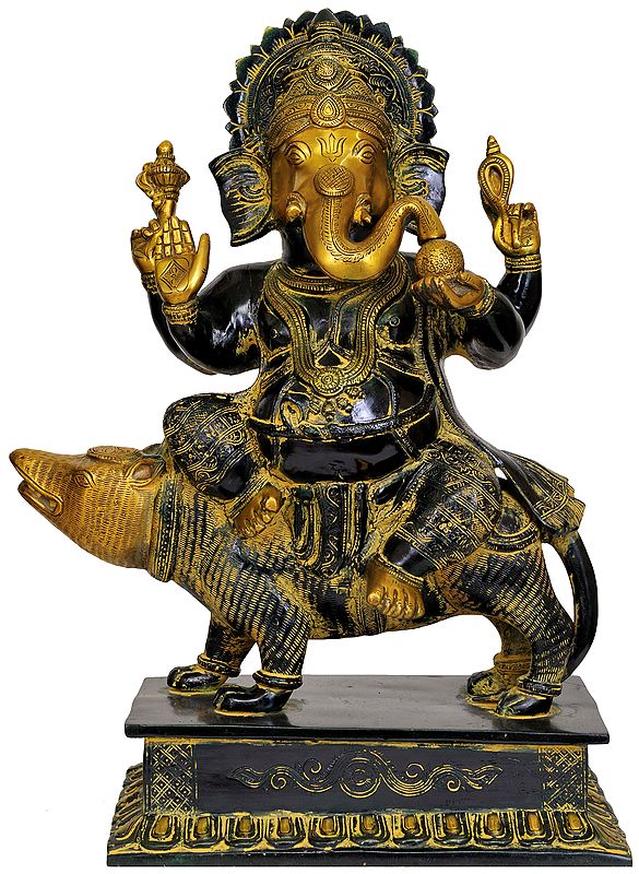 18" Bhagawan Ganesha Seated on Rat In Brass | Handmade | Made In India