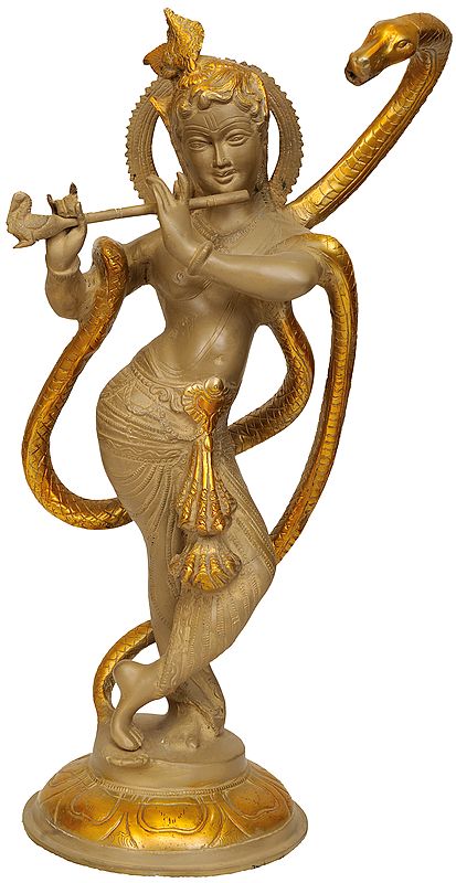 15" Sri Krishna and Kaliya In Brass | Handmade | Made In India