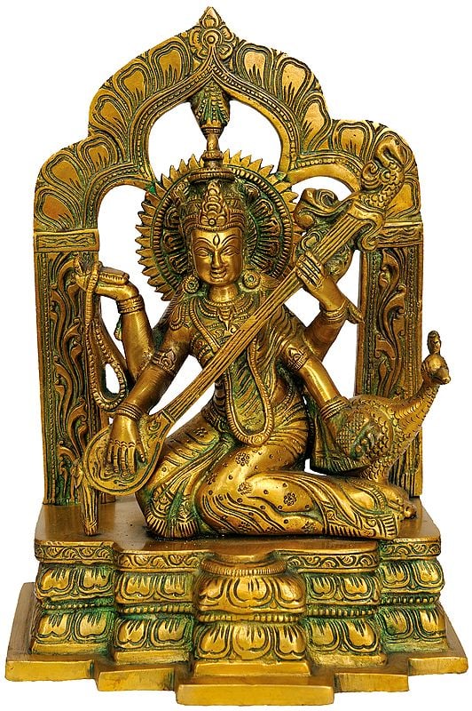 11" Goddess Saraswati Brass Statue | Handmade Brass Idols | Made in India