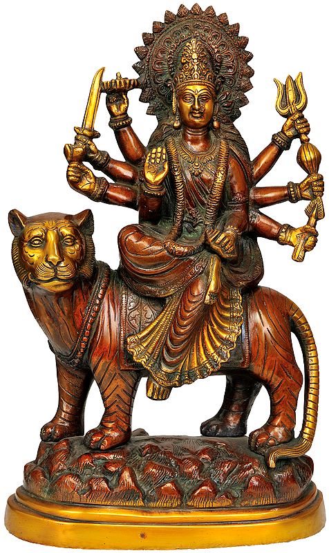 15" Goddess Durga With Her Lion on Mountain In Brass | Handmade | Made In India