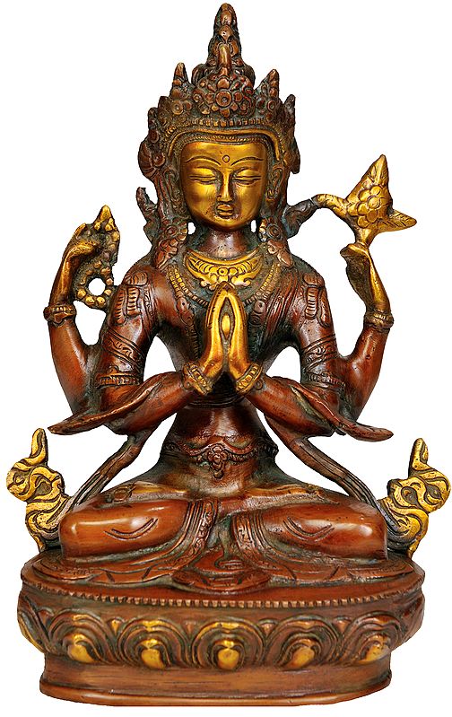 8" Tibetan Buddhist Deity- Chenrezig (Four Armed Avalokiteshvara) In Brass | Handmade | Made In India