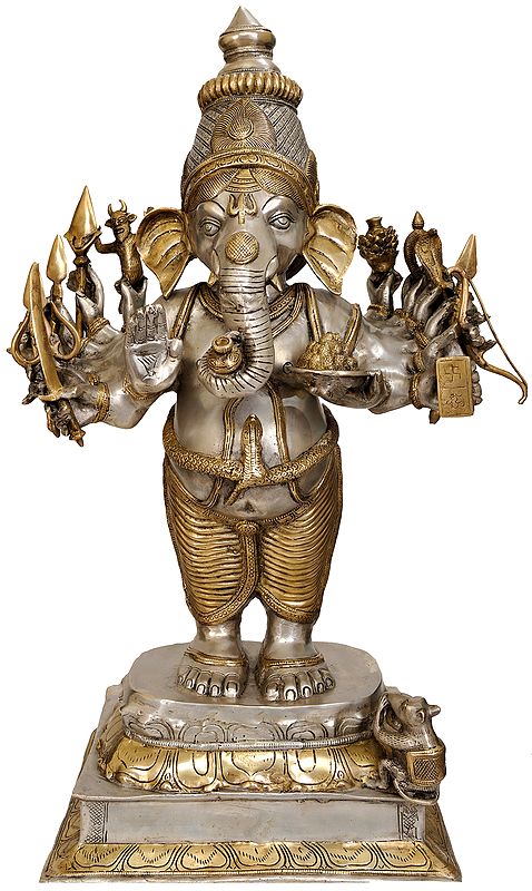 31" Large Size Sixteen-Armed Vira-Ganesha In Brass | Handmade | Made In India