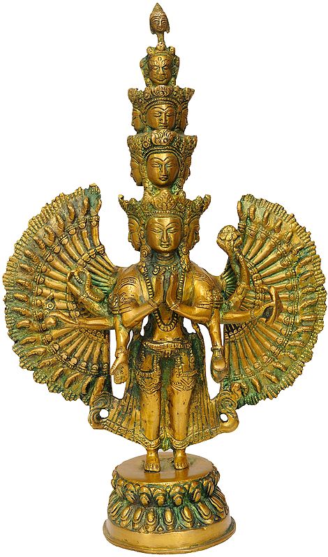 14" Tibetan Buddhist Deity Eleven Headed Thousand Armed Avalokiteshvara In Brass | Handmade | Made In India