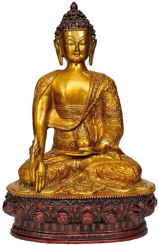 13" Tibetan Buddhist Deity Medicine Buddha and Beautiful Carved Robe In Brass | Handmade | Made In India
