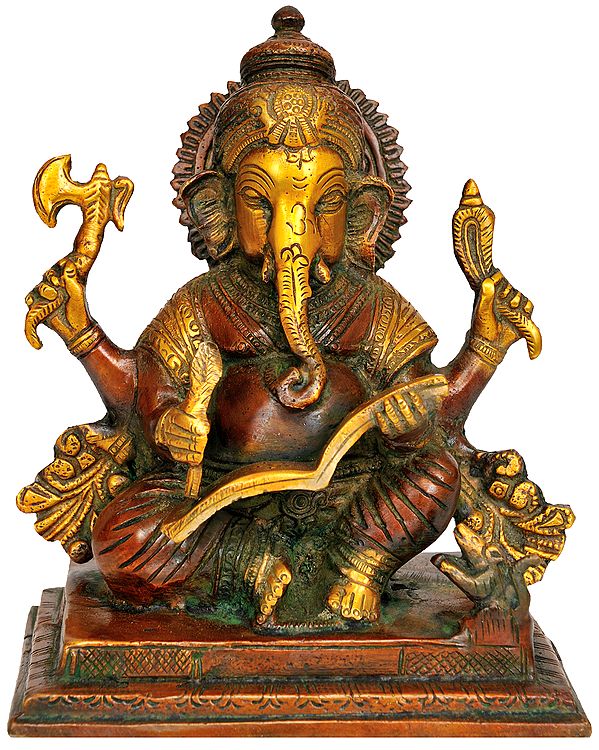 6" Lord Ganesha Idol Writing Mahabharata | Handmade Brass Statue | Made in India