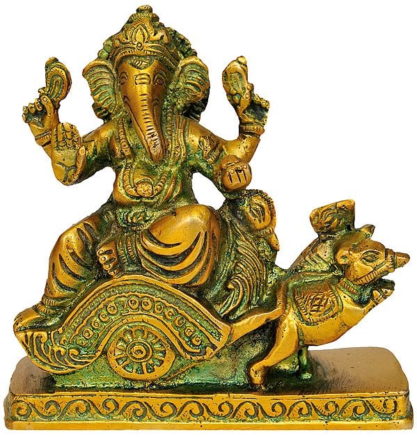 4" Lord Ganesha Riding on Mouse Chariot In Brass | Handmade | Made In India
