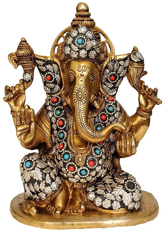 8" Inlay Ganesha In Brass | Handmade | Made In India