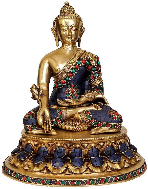 13" Lapis Buddha of Healing Idol in Brass | Handmade Buddhist Deity Statues | Made in India