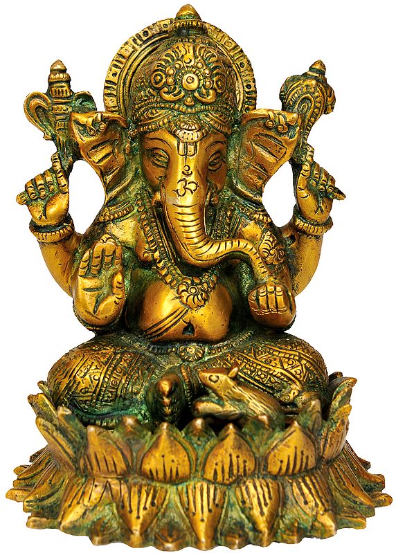 5" Lord Ganesha on Lotus in Brass | Handmade | Made In India